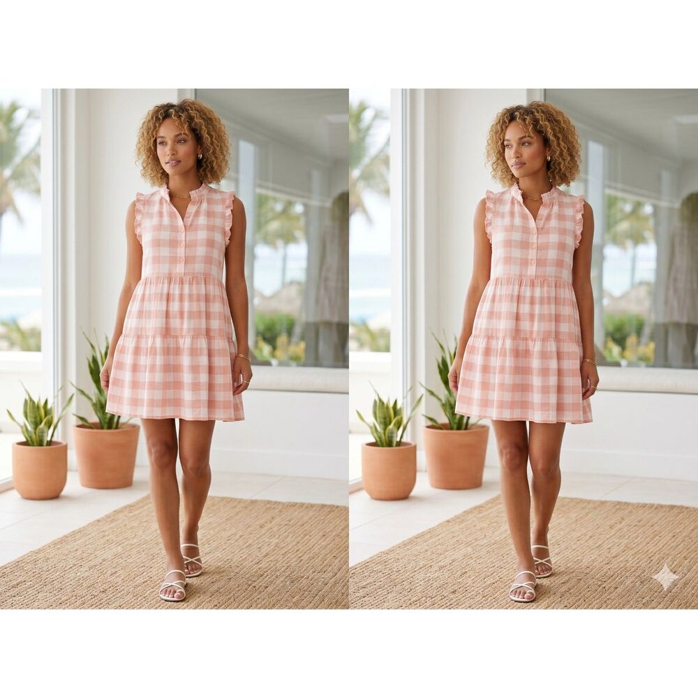 Suzanne Betro Peach Gingham Tiered Mini Dress‎ - M